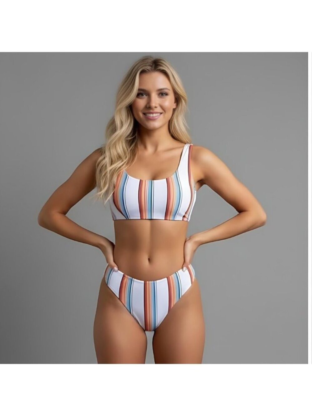 Boho Striped Bikini Swimsuit Bathing Suit - Picture 2 of 8